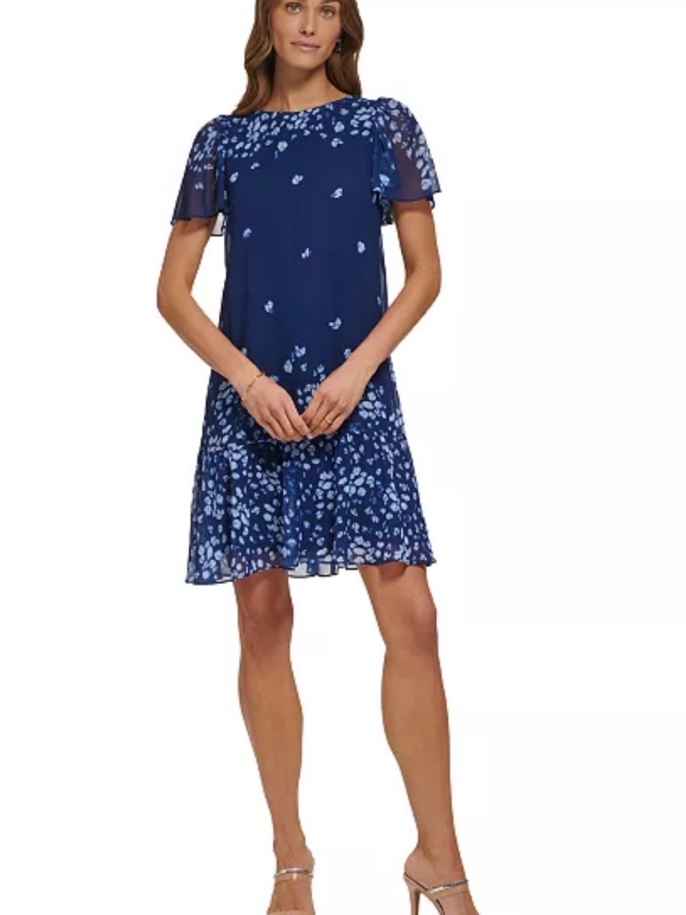 DKNY Navy Blue Floral Chiffon Short Sleeve Mini Dress